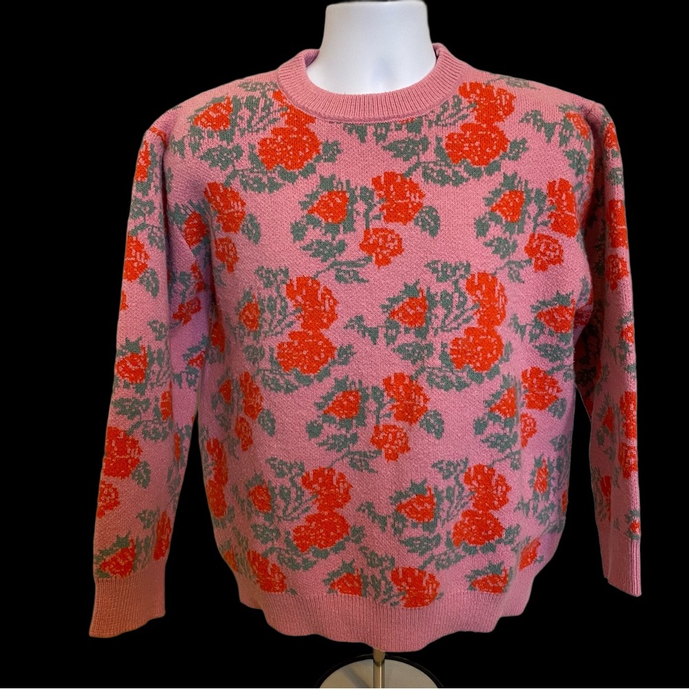 En Crème Floral Knit Crewneck Sweater - Pink and Red - Medium